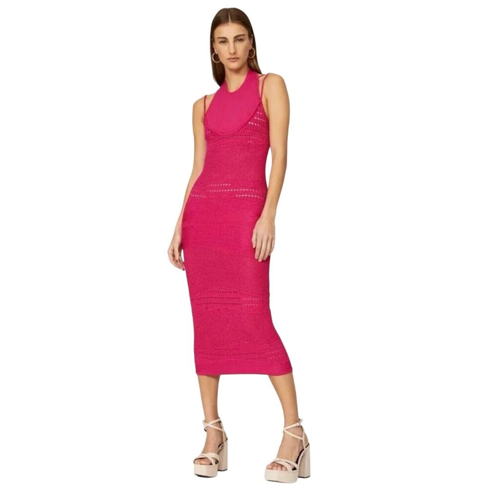 Esteban Cortazar Collective Pink Crochet Bodycon Midi Dress Size Small